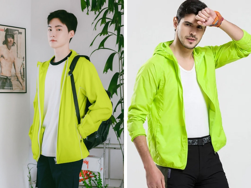 Mix áo khoác dù xanh dạ quang cùng áo thun