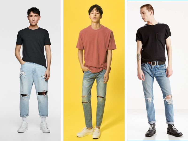 Áo thun kết hợp quần jeans rách gối cá tính