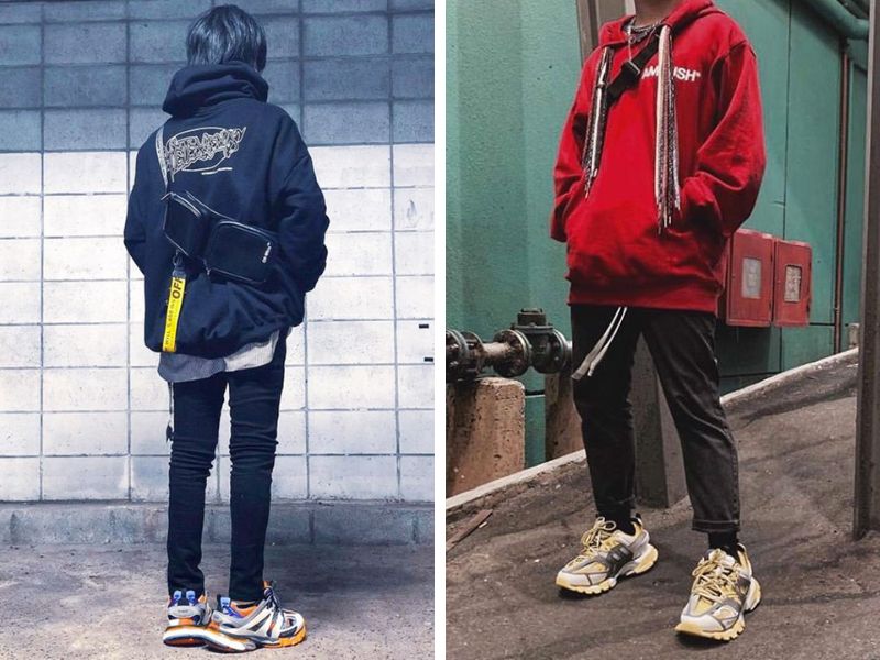 Phối quần jean và áo hoodie với giày Balenciaga Track Trainer 