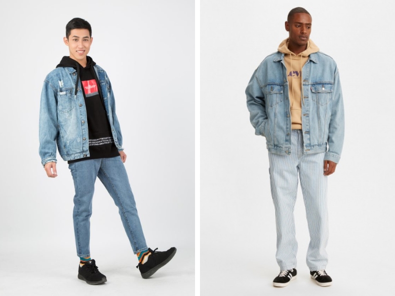 Phối đồ với jacket nam denim cùng áo hoodie