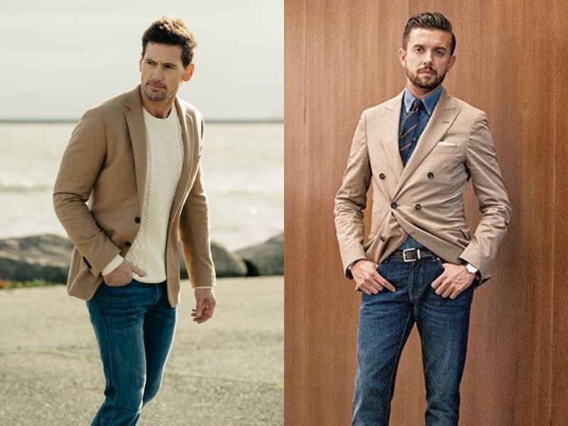 Phối áo blazer màu khaki với quần jeans xanh