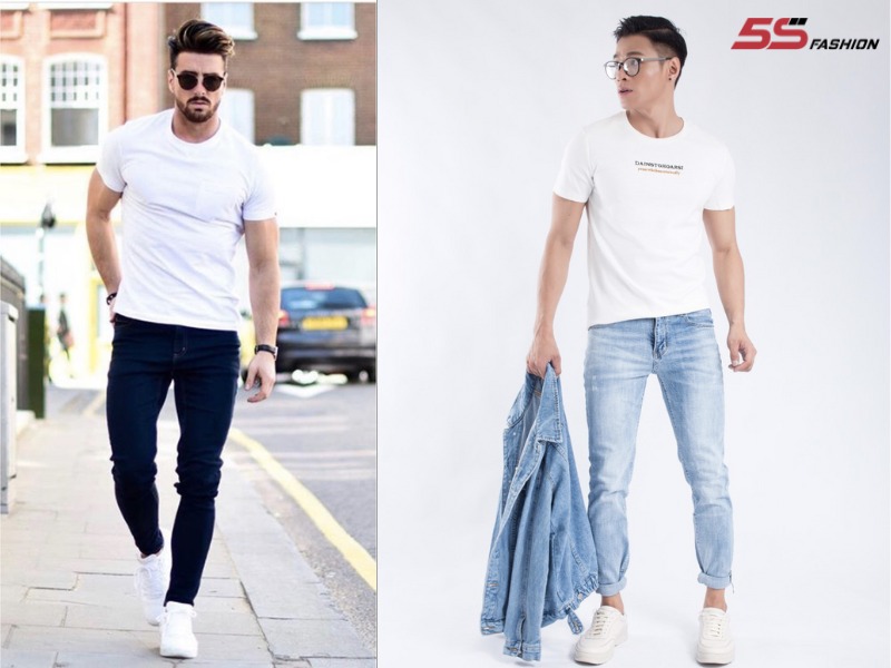 Phối đồ với áo thun trắng mix quần jeans năng động