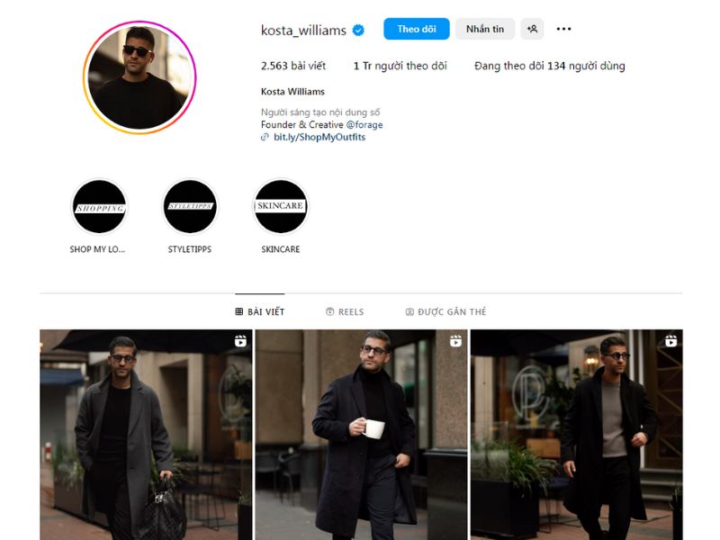 Trang Instagram phối đồ đẹp nam Kosta Williams