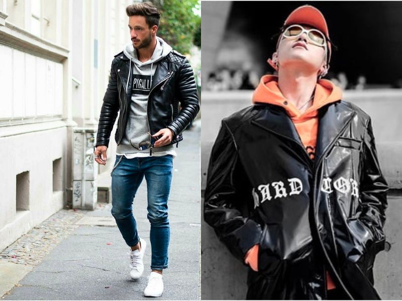 Kết hợp áo hoodie và áo khoác da mang lại sự phá cách, cực chất cho phong cách bụi bặm của xu hướng thời trang đường phố 