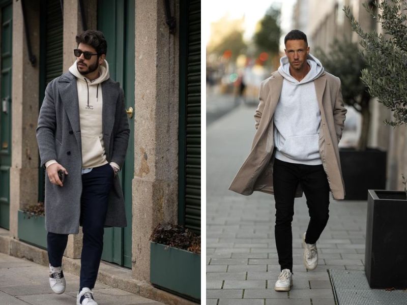 Phối áo trench coat nam với áo hoodie phóng khoáng 