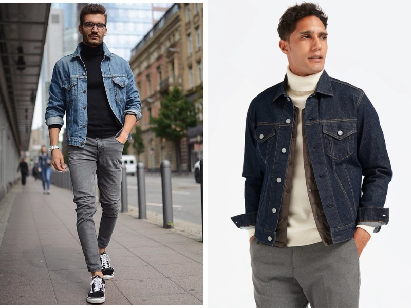 Phối đồ với denim jacket nam cùng áo cổ lọ