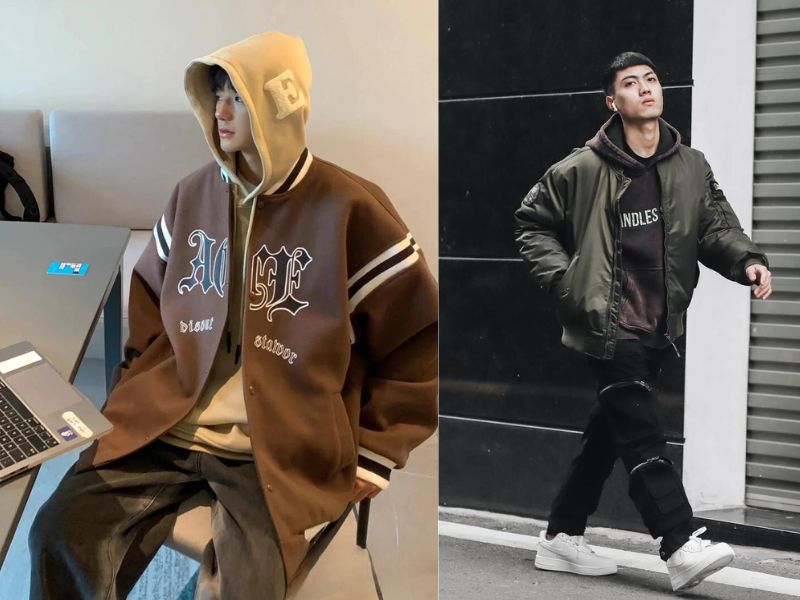 Phối áo hoodie và áo bomber họa tiết