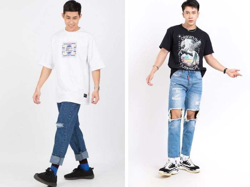 Phối áo thun trơn cùng quần jeans và giày sneaker đem đến sự trẻ trung, năng động