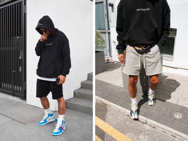 Phối áo hoodie in hình và quần short vải 