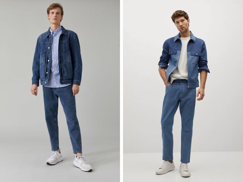 Phối đồ với áo khoác jean kaki nam theo phong cách “Denim on denim” 