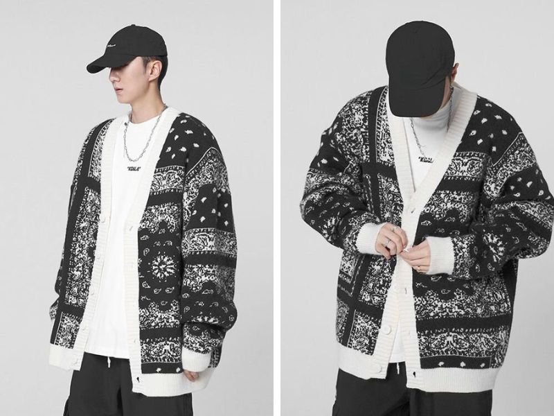 Áo len cardigan nam dáng dài màu đen họa tiết Paisley