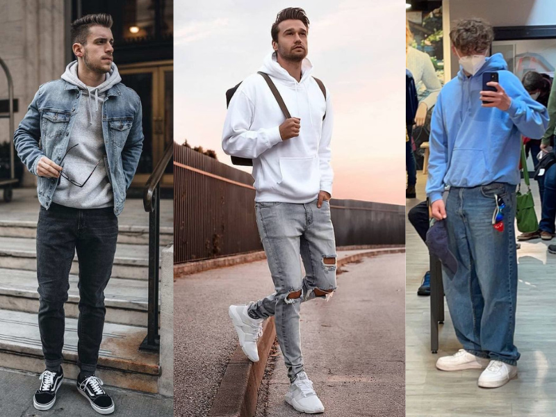 Áo hoodie mặc với quần jean thể hiện sự trẻ trung, cá tính mạnh mẽ