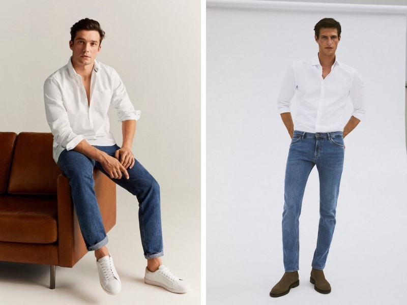 Vẻ ngoài linh hoạt và năng động hơn với áo sơ mi trắng và quần jeans xanh