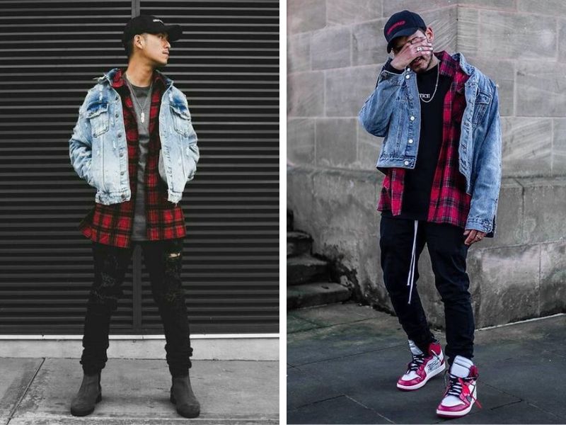 Áo flannel biker phối áo khoác jean