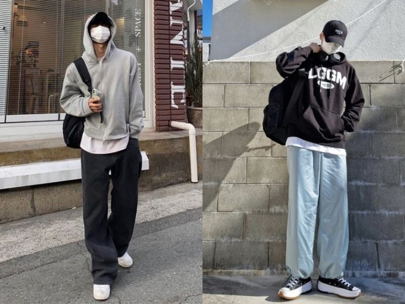 Kết hợp áo Hoodie cùng quần ống rộng cũng là một trong những outfit phù hợp