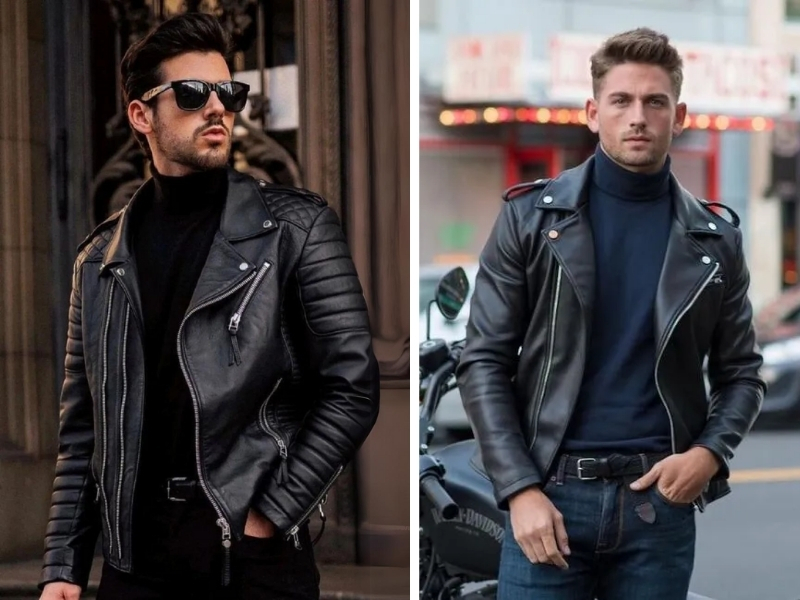 Cách phối đồ được nhiều người áp dụng đó là kết hợp biker jacket cùng áo len cổ lọ