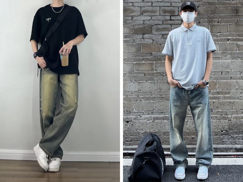 Mix áo và quần jeans và giày thể thao trắng để du lịch biển