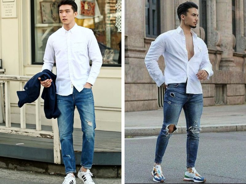 Phối quần jean xanh và sơ mi trắng và giày nam phong cách parisian chic   