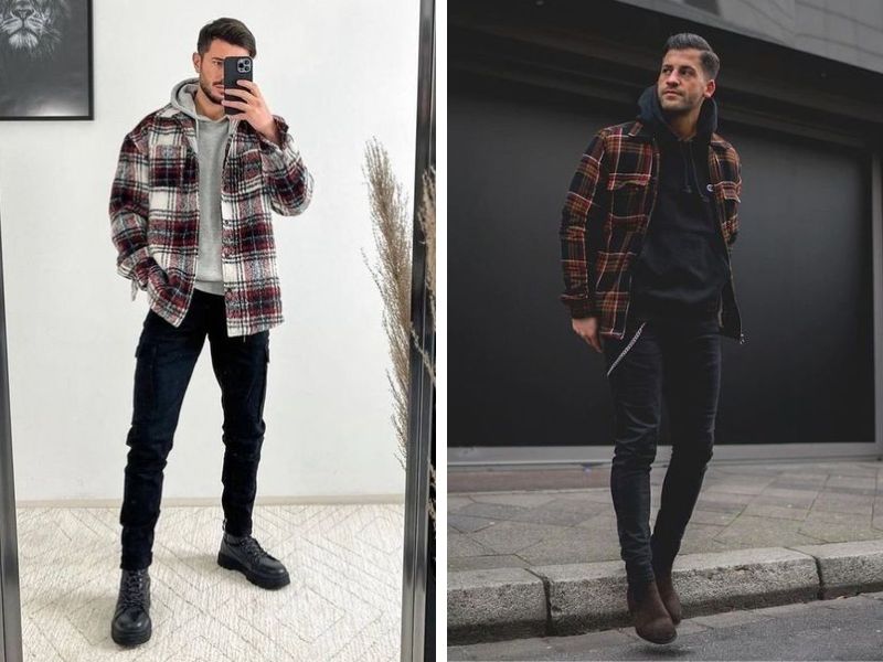 Áo flannel biker phối áo hoodie