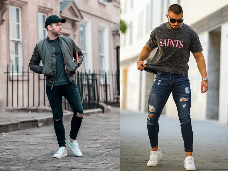 Mix quần jean Skinny nam rách gối phá cách cùng áo phông và áo bomber