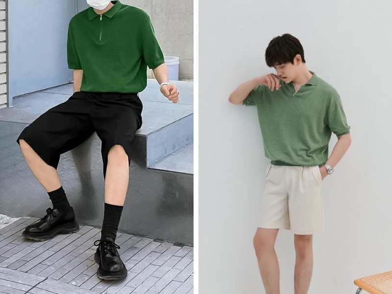 Outfit năng động với áo thun nam xanh lá và quần short