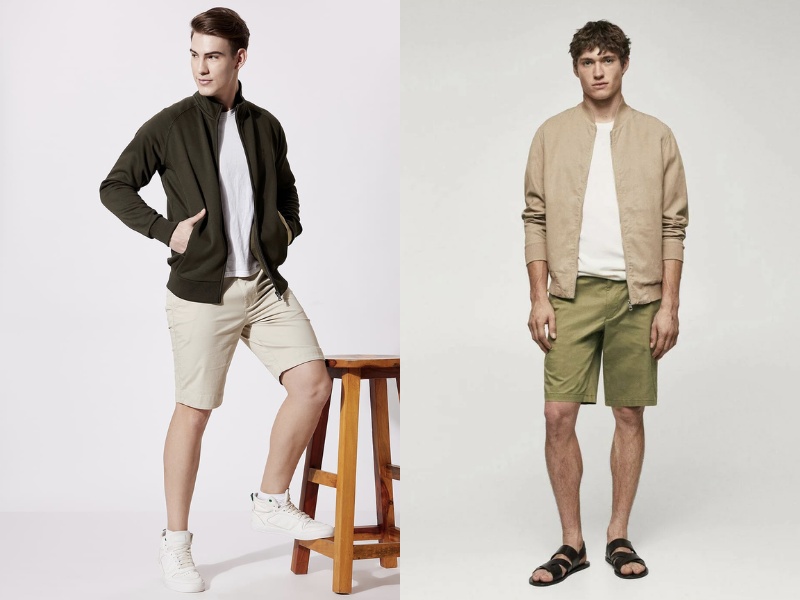 Phối đồ với quần short kaki nam và áo khoác bomber