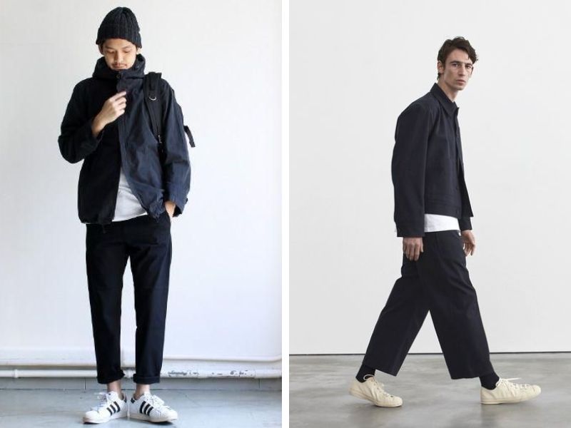 Mix quần ống rộng đen với áo khoác kaki