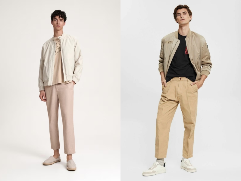 Phối quần chinos màu beige với áo bomber