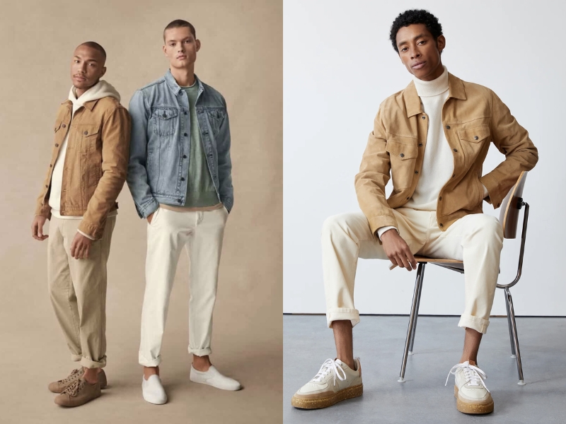 Phối quần chinos màu beige nam với áo jacket jean