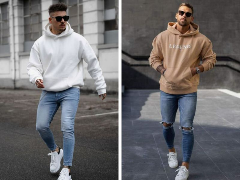 Phối đồ với quần jean skinny nam và áo hoodie tạo nên phong cách thời trang đường phố hơi bụi bặm