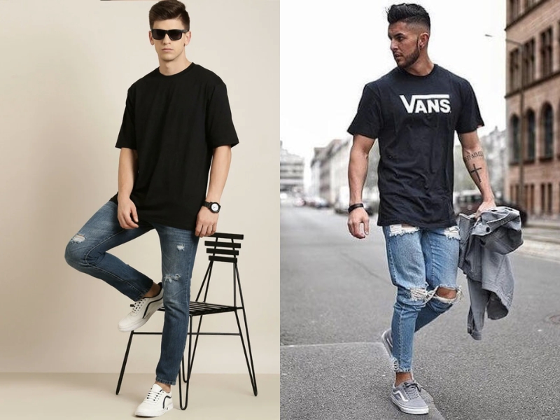 Áo phông oversized kết hợp quần jean rách