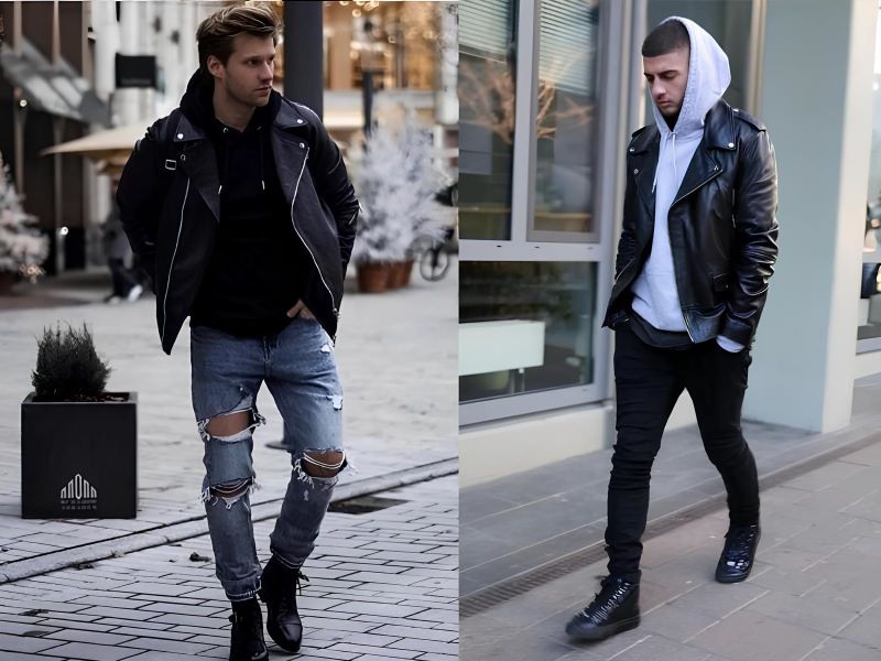 Phối đồ nam mùa đông Hàn Quốc với áo hoodie, quần jean và áo khoác da