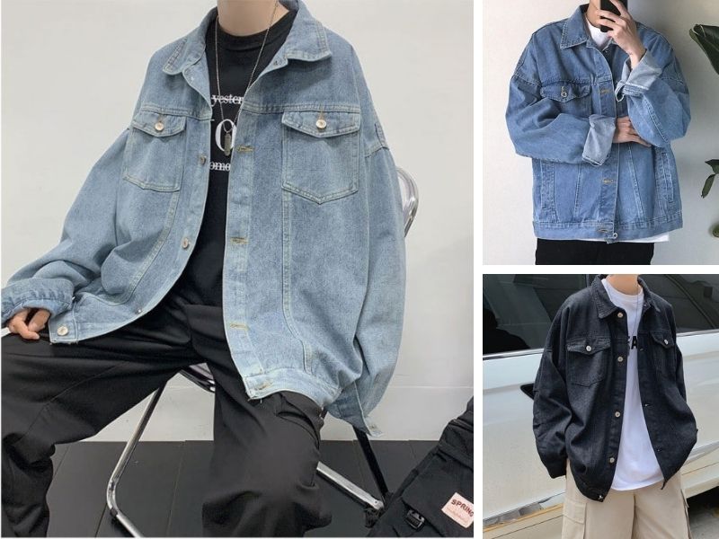 Áo khoác jean oversize phối áo thun basic