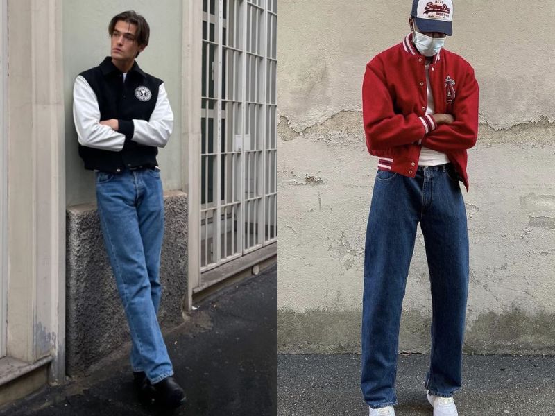 Quần jean vintage nam mặc chung với áo khoác bomber form ngắn