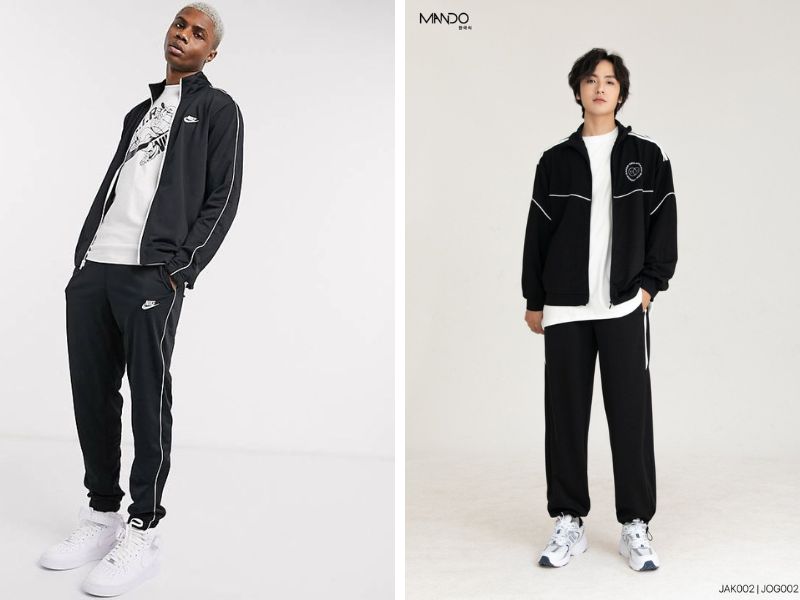 Quần jogger sọc trắng phối với áo khoác thể thao