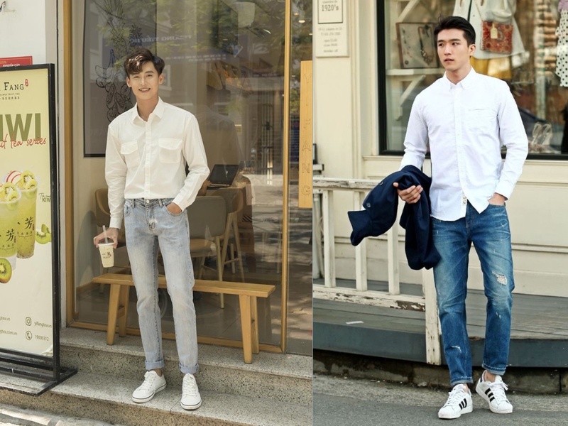Áo sơ mi trắng phối quần jeans cho nam khi du lịch Châu Âu mùa hè
