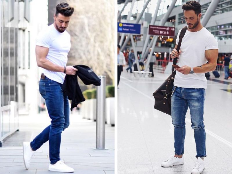 Phối quần jean cho người lùn nam với áo thun trắng giày trắng 