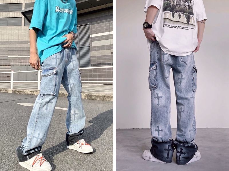 Quần jean ống rộng họa tiết chữ thập MIXMAX STREETWEAR