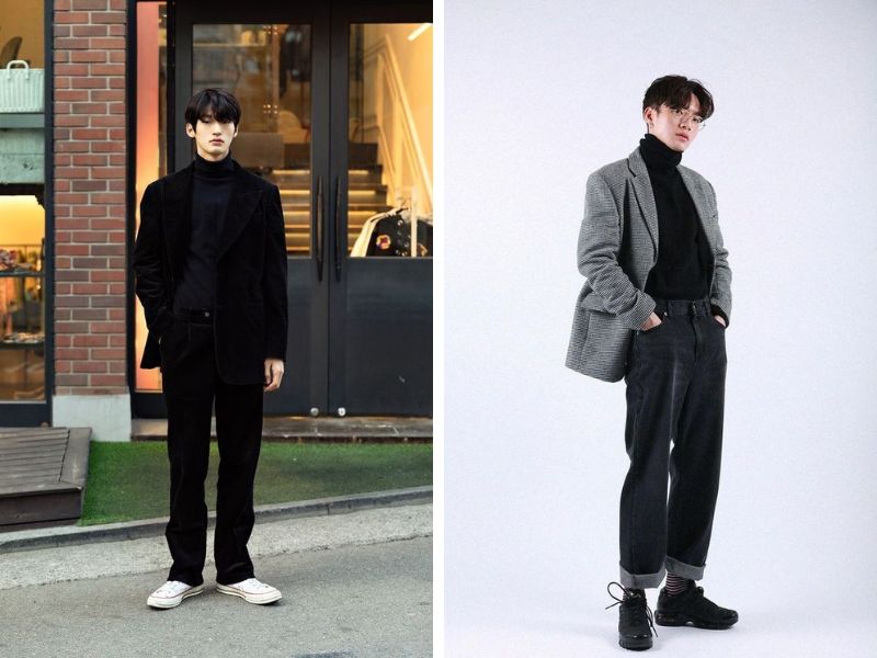 Mix quần ống rộng đen với áo blazer