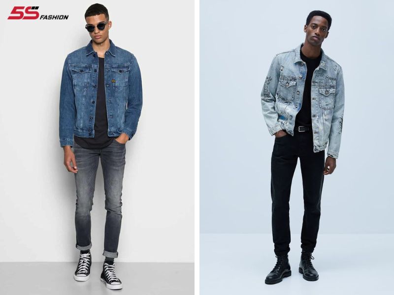 Phối đồ với áo thun đen nam cùng áo khoác jeans